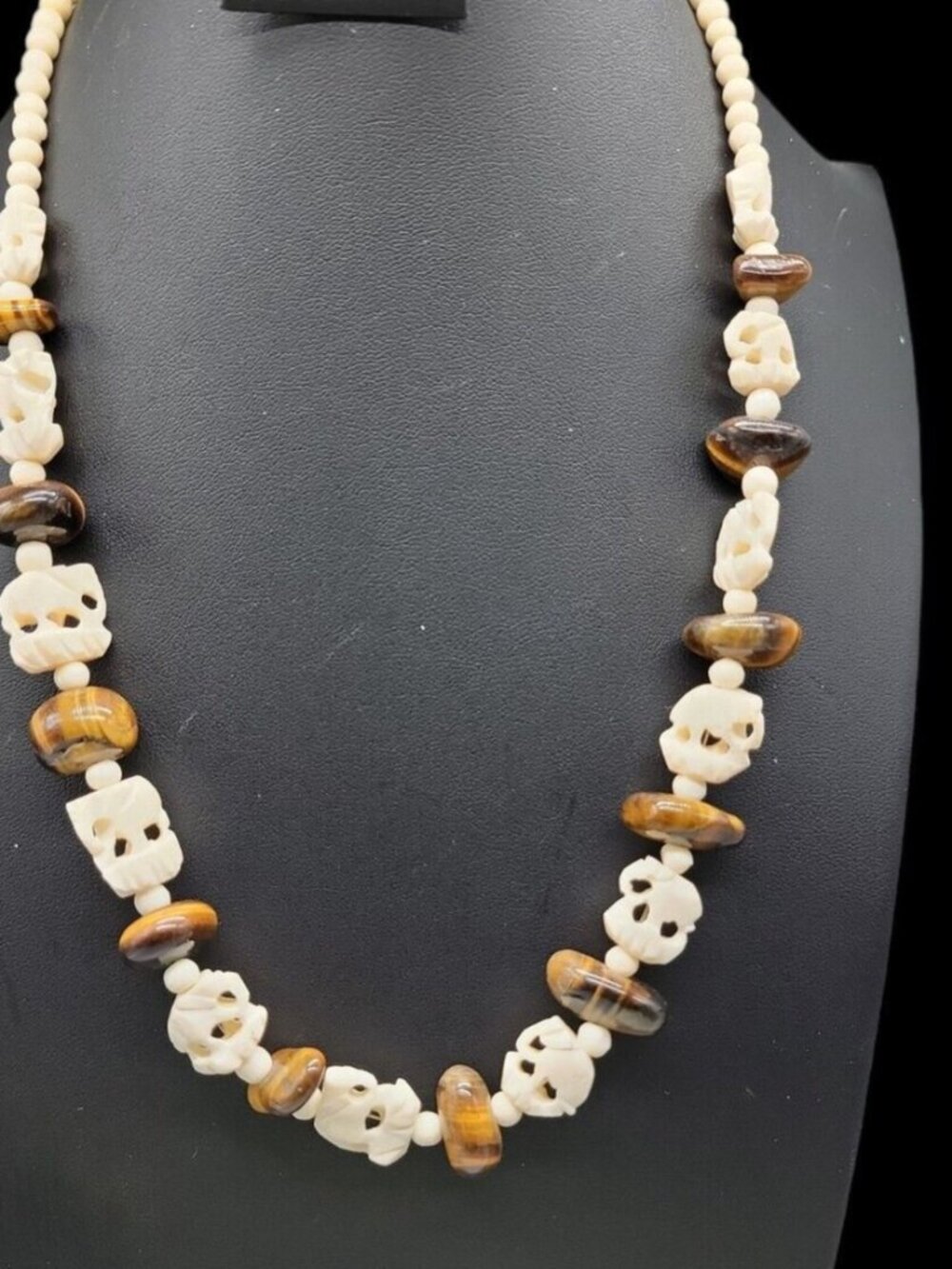 Hobe Signed Rare Necklace 22" Genuine Tigers Eye & Celluloid Stations Vintage